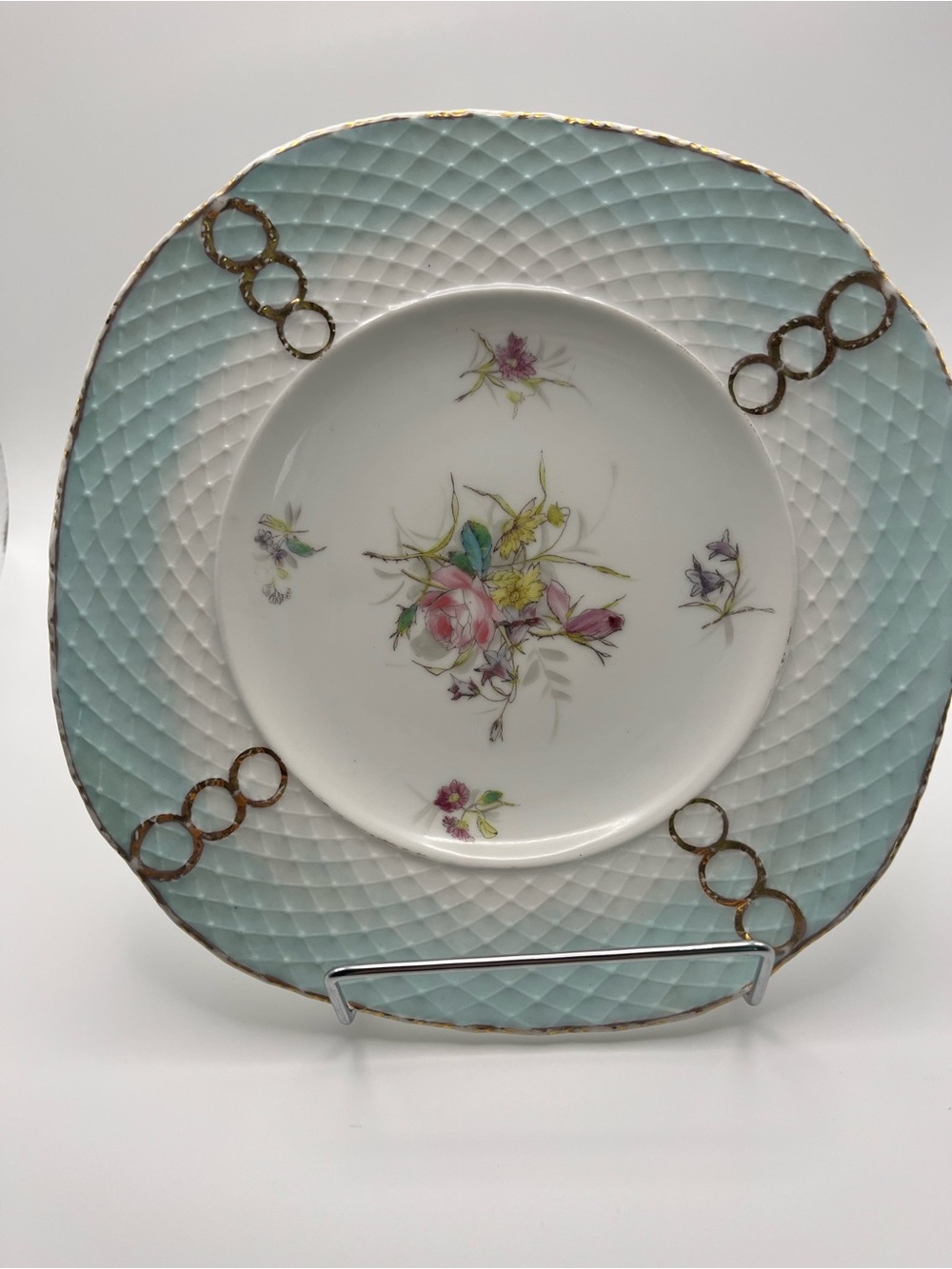 Vintage Floral Porcelain Dinner Plate in Pale Blue and White